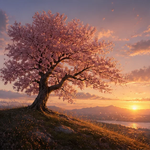 Realistic AI art generated from text showing a cherry tree at golden hour