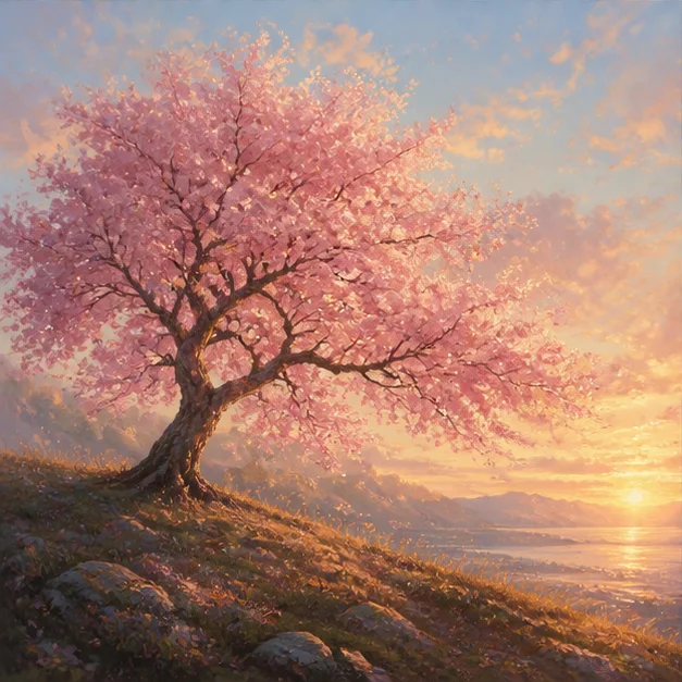 Watercolor AI art generated from text showing a cherry tree at golden hour