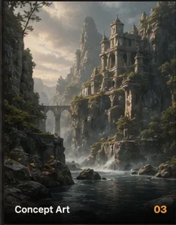 Concept Art showing an ancient cliffside city and waterfalls