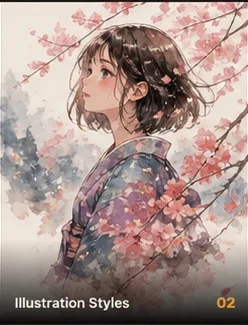 Illustration Styles showing a watercolor anime character beneath cherry blossoms