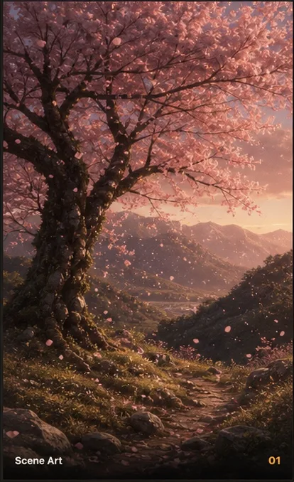 Scene Art showing a cherry tree path at golden hour